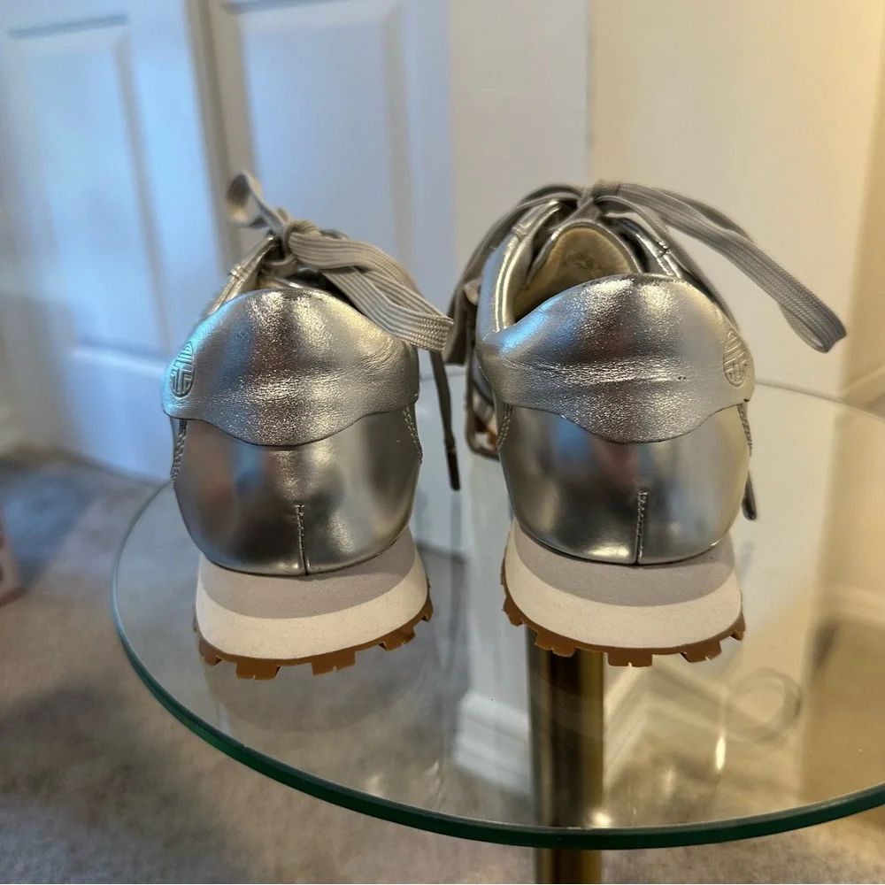 Tory Burch Sport Women's Ruffle Trainer Leather Lace Up Sneakers in Silver